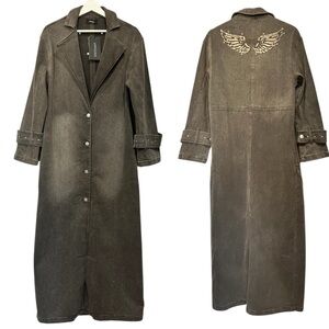 Outcast Hendra Denim Trench Coat Biker Festival Embellished Rare Black Wash S